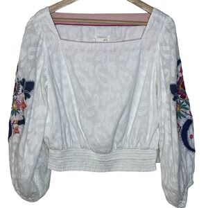 Anthropologie Embroidered Square Neck Long Sleeve Blouse White Women's Size M